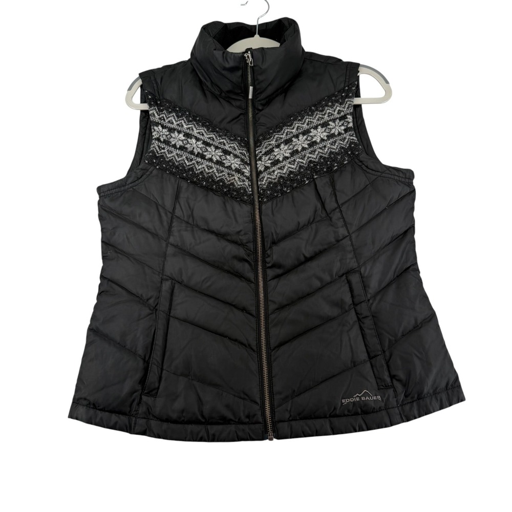 Eddie Bauer Goose Down Puffer Vest Womens Medium Black Fair Isle Trim Zip Up